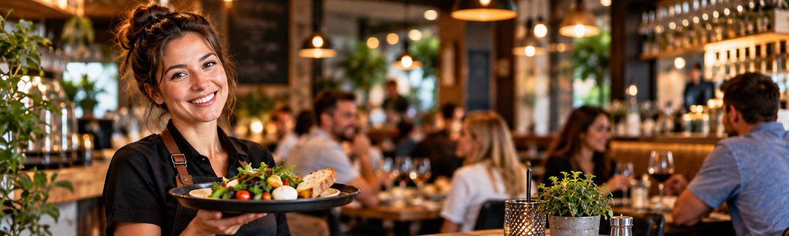 Freundliche Bedienung serviert frische Speisen in einem gemütlichen Bistro mit Gästen