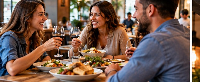 Gäste genießen Essen und Gespräche im Bistro