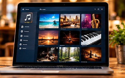 Laptop mit digitaler Musikauswahl im Bistro