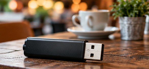USB-Stick für die Offline-Wiedergabe von Hintergrundmusik auf einem Bistrotisch