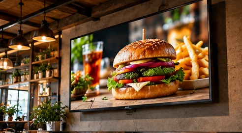 Großer Bildschirm im Bistro zeigt ein appetitliches Gericht als visuelle Angebotswerbung
