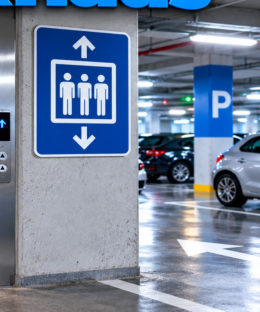 Modernes Parkhaus mit Aufzug, abgestimmter Beleuchtung und klarer Wegeführung