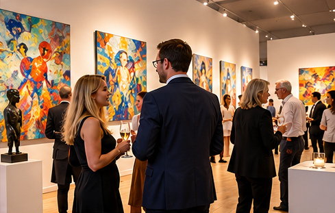 Besucher betrachten Kunst bei einer Vernissage