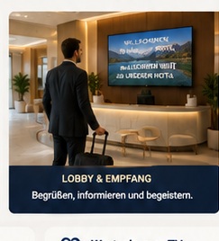 Besucher in einer Unternehmenslobby mit Informationsbildschirm